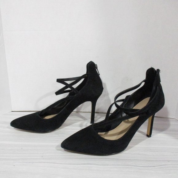 SAKS FIFTH AVENUE 'BERNADET'  3.5" ANKLE STRAP HEELS! BLACK MICRO-SUEDE. - Picture 7 of 13